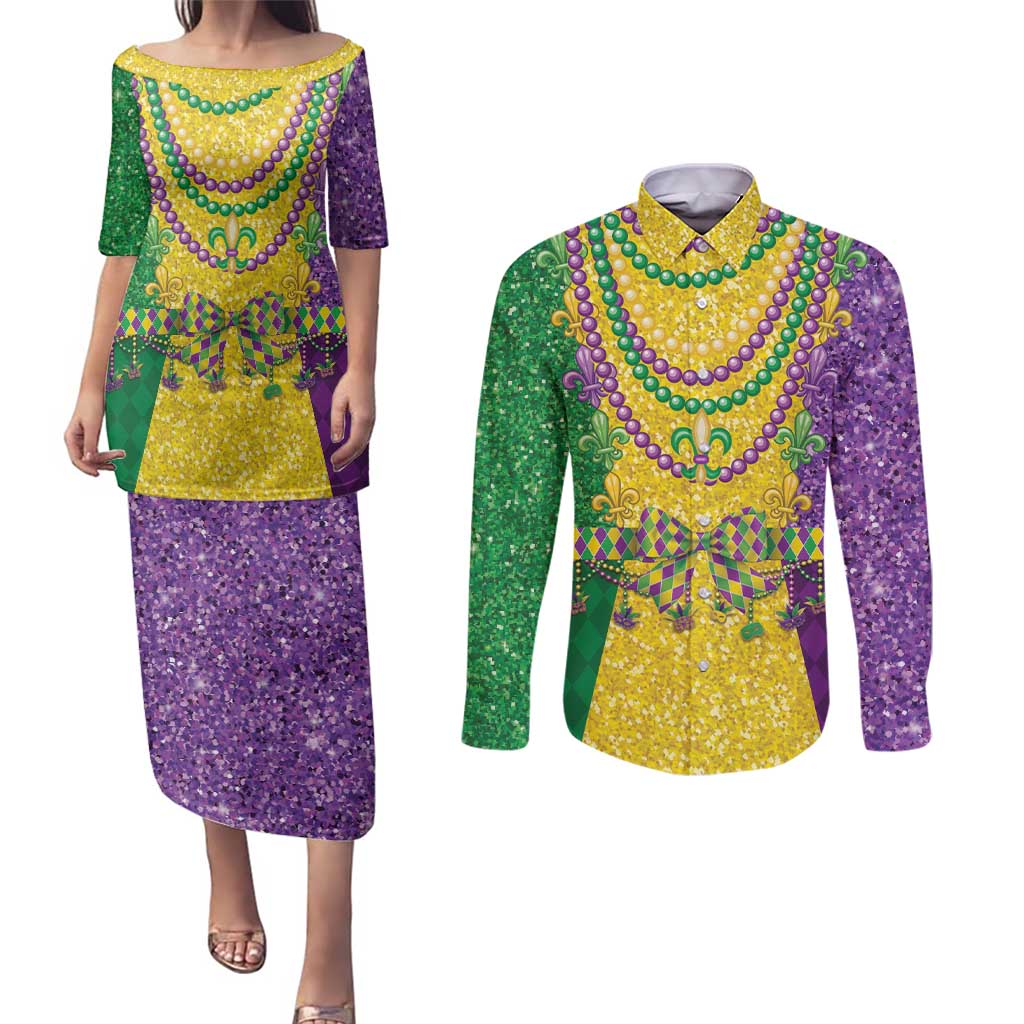 Mardi Gras Couples Matching Puletasi and Long Sleeve Button Shirt Beadeds Necklace With Fleur De Lis - Wonder Print Shop