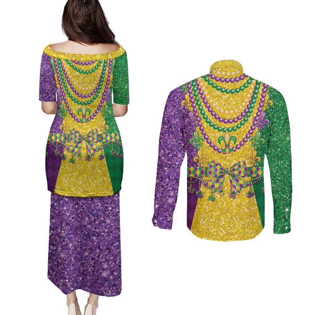 Mardi Gras Couples Matching Puletasi and Long Sleeve Button Shirt Beadeds Necklace With Fleur De Lis - Wonder Print Shop