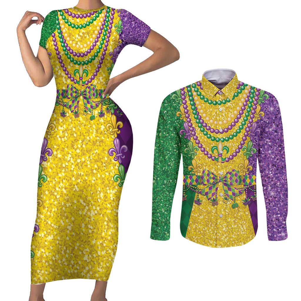 Mardi Gras Couples Matching Short Sleeve Bodycon Dress and Long Sleeve Button Shirt Beadeds Necklace With Fleur De Lis - Wonder Print Shop