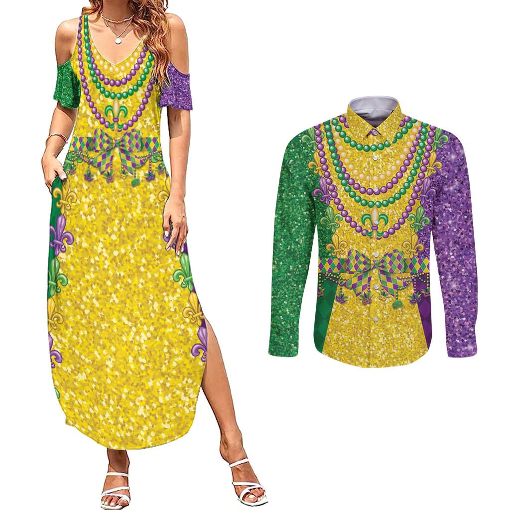 Mardi Gras Couples Matching Summer Maxi Dress and Long Sleeve Button Shirt Beadeds Necklace With Fleur De Lis - Wonder Print Shop