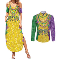 Mardi Gras Couples Matching Summer Maxi Dress and Long Sleeve Button Shirt Beadeds Necklace With Fleur De Lis - Wonder Print Shop