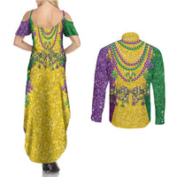Mardi Gras Couples Matching Summer Maxi Dress and Long Sleeve Button Shirt Beadeds Necklace With Fleur De Lis - Wonder Print Shop