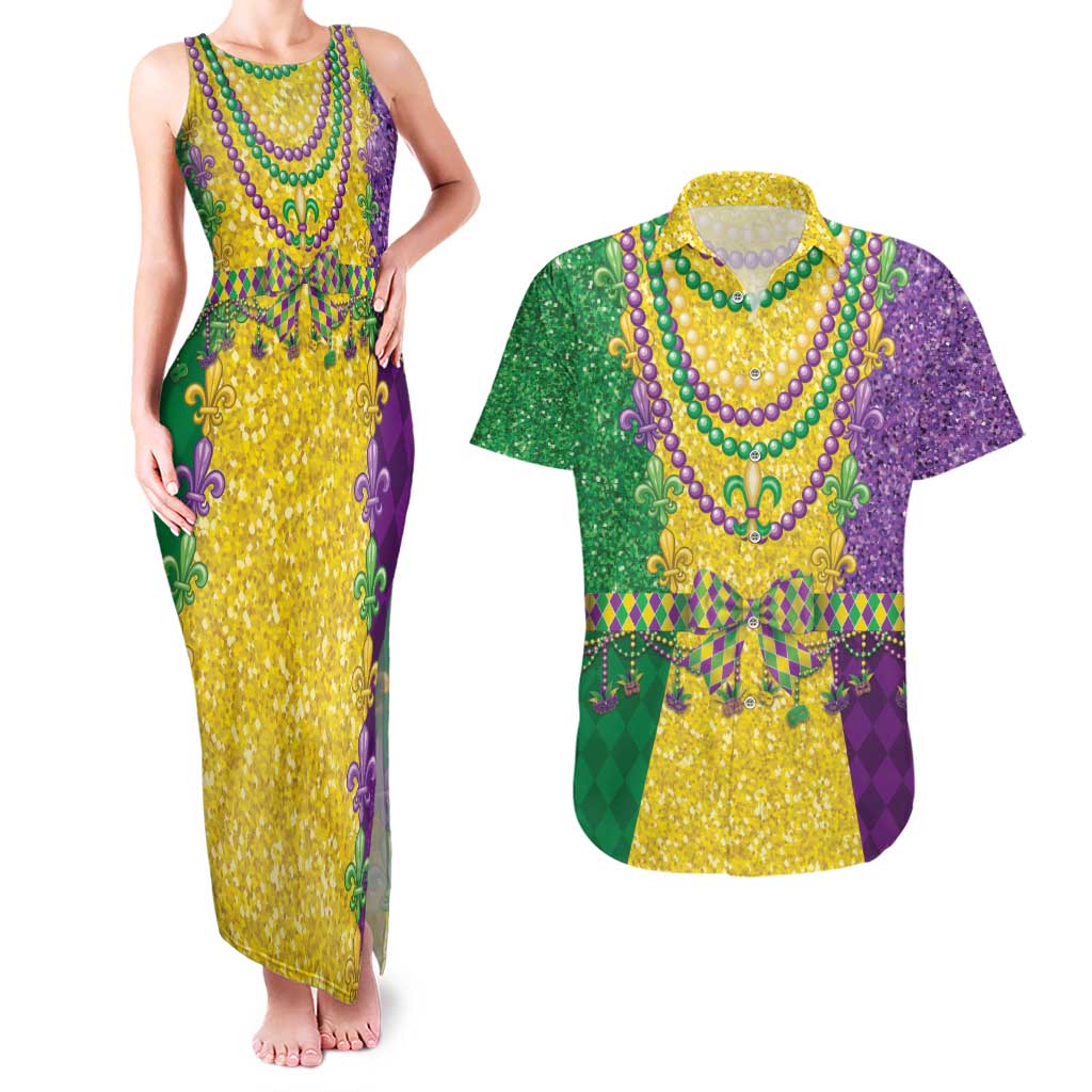 Mardi Gras Couples Matching Tank Maxi Dress and Hawaiian Shirt Beadeds Necklace With Fleur De Lis - Wonder Print Shop