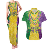 Mardi Gras Couples Matching Tank Maxi Dress and Hawaiian Shirt Beadeds Necklace With Fleur De Lis - Wonder Print Shop