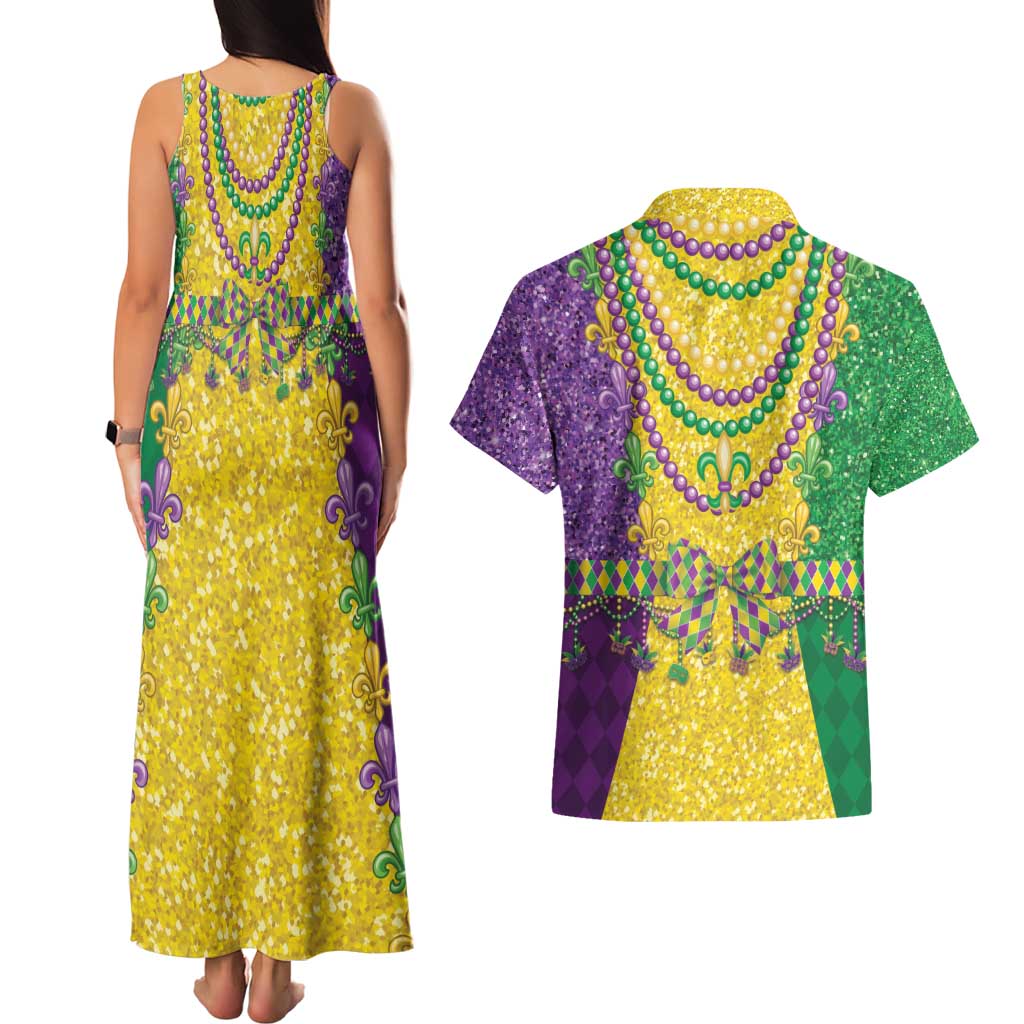 Mardi Gras Couples Matching Tank Maxi Dress and Hawaiian Shirt Beadeds Necklace With Fleur De Lis - Wonder Print Shop