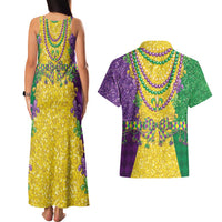 Mardi Gras Couples Matching Tank Maxi Dress and Hawaiian Shirt Beadeds Necklace With Fleur De Lis - Wonder Print Shop