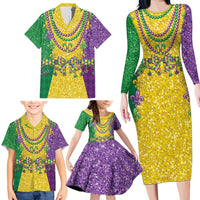 Mardi Gras Family Matching Long Sleeve Bodycon Dress and Hawaiian Shirt Beadeds Necklace With Fleur De Lis - Wonder Print Shop
