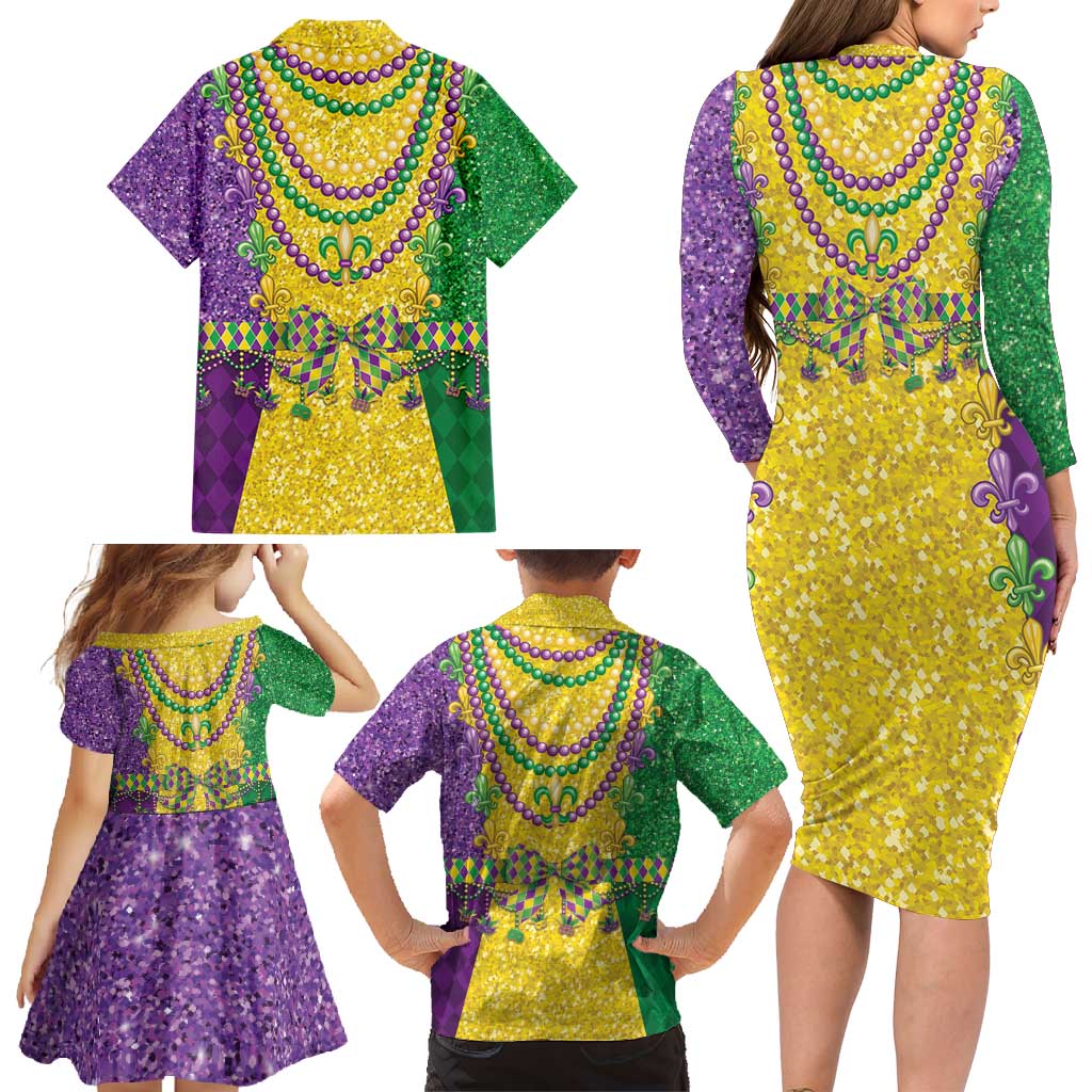 Mardi Gras Family Matching Long Sleeve Bodycon Dress and Hawaiian Shirt Beadeds Necklace With Fleur De Lis - Wonder Print Shop
