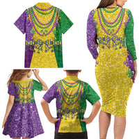 Mardi Gras Family Matching Long Sleeve Bodycon Dress and Hawaiian Shirt Beadeds Necklace With Fleur De Lis - Wonder Print Shop