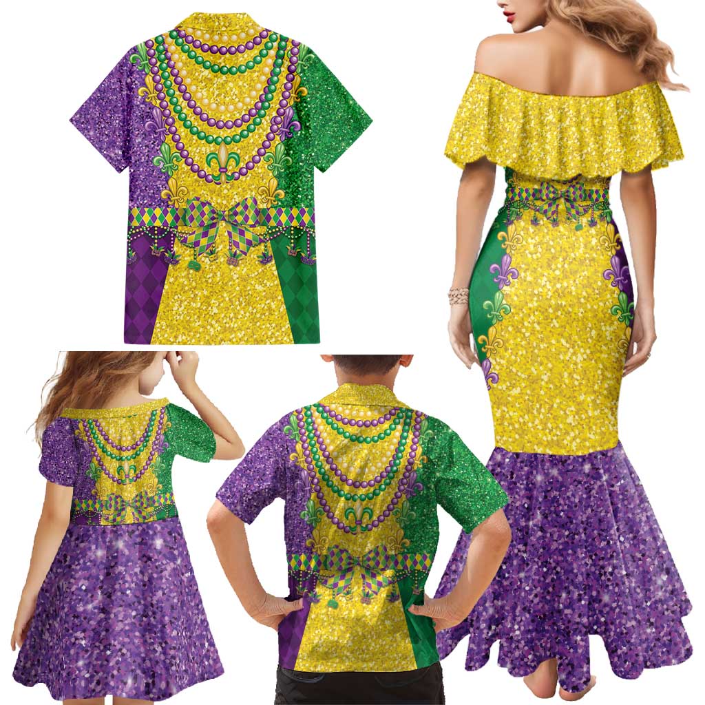 Mardi Gras Family Matching Mermaid Dress and Hawaiian Shirt Beadeds Necklace With Fleur De Lis - Wonder Print Shop