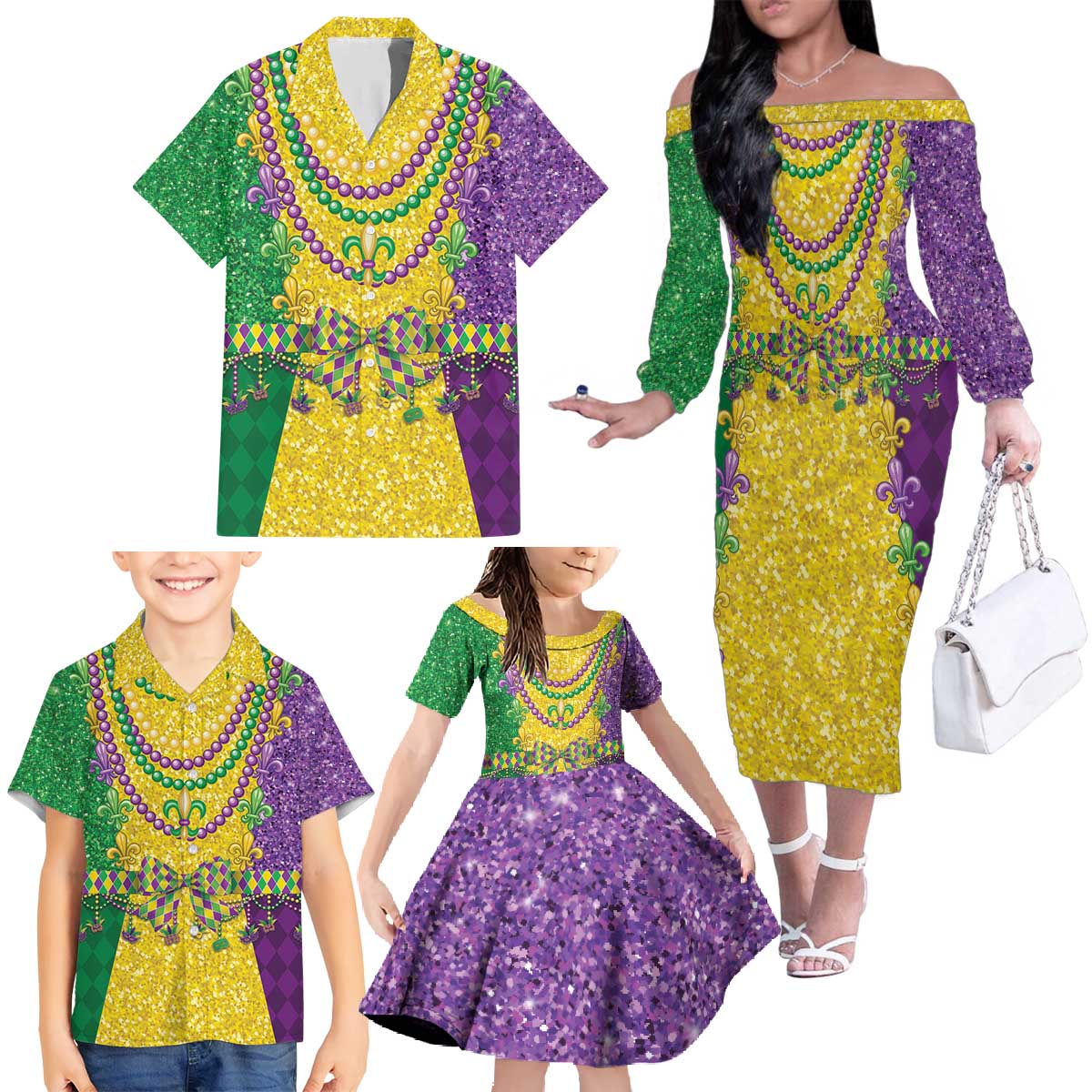 Mardi Gras Family Matching Off The Shoulder Long Sleeve Dress and Hawaiian Shirt Beadeds Necklace With Fleur De Lis - Wonder Print Shop
