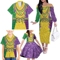 Mardi Gras Family Matching Off The Shoulder Long Sleeve Dress and Hawaiian Shirt Beadeds Necklace With Fleur De Lis - Wonder Print Shop