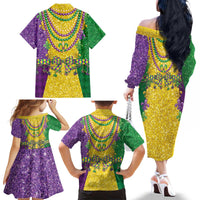 Mardi Gras Family Matching Off The Shoulder Long Sleeve Dress and Hawaiian Shirt Beadeds Necklace With Fleur De Lis - Wonder Print Shop