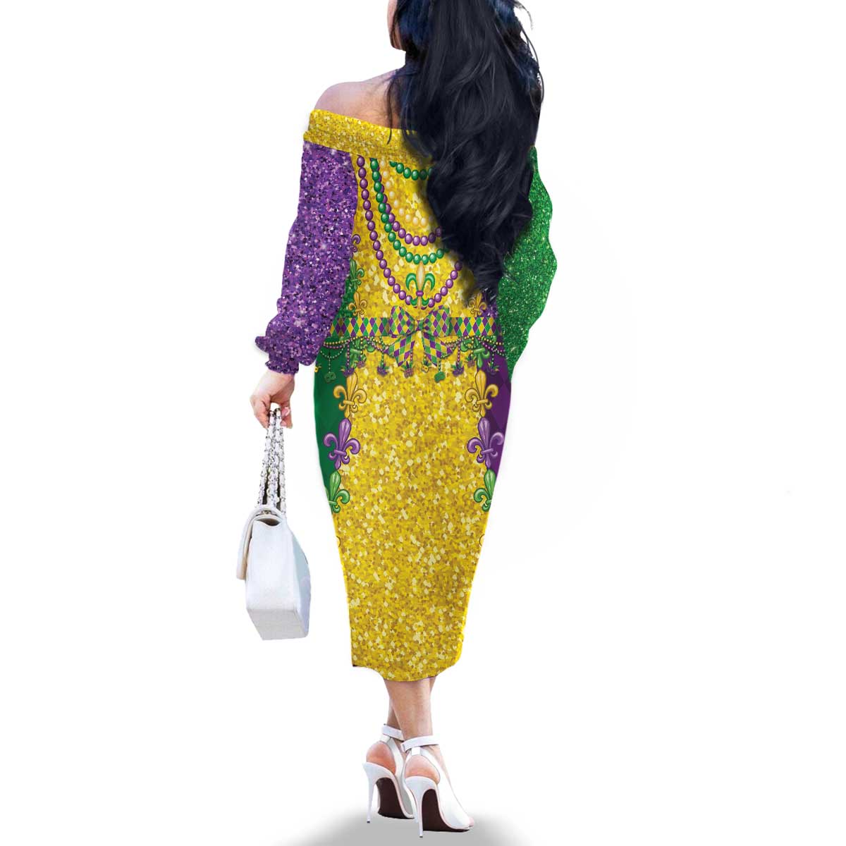 Mardi Gras Family Matching Off The Shoulder Long Sleeve Dress and Hawaiian Shirt Beadeds Necklace With Fleur De Lis - Wonder Print Shop