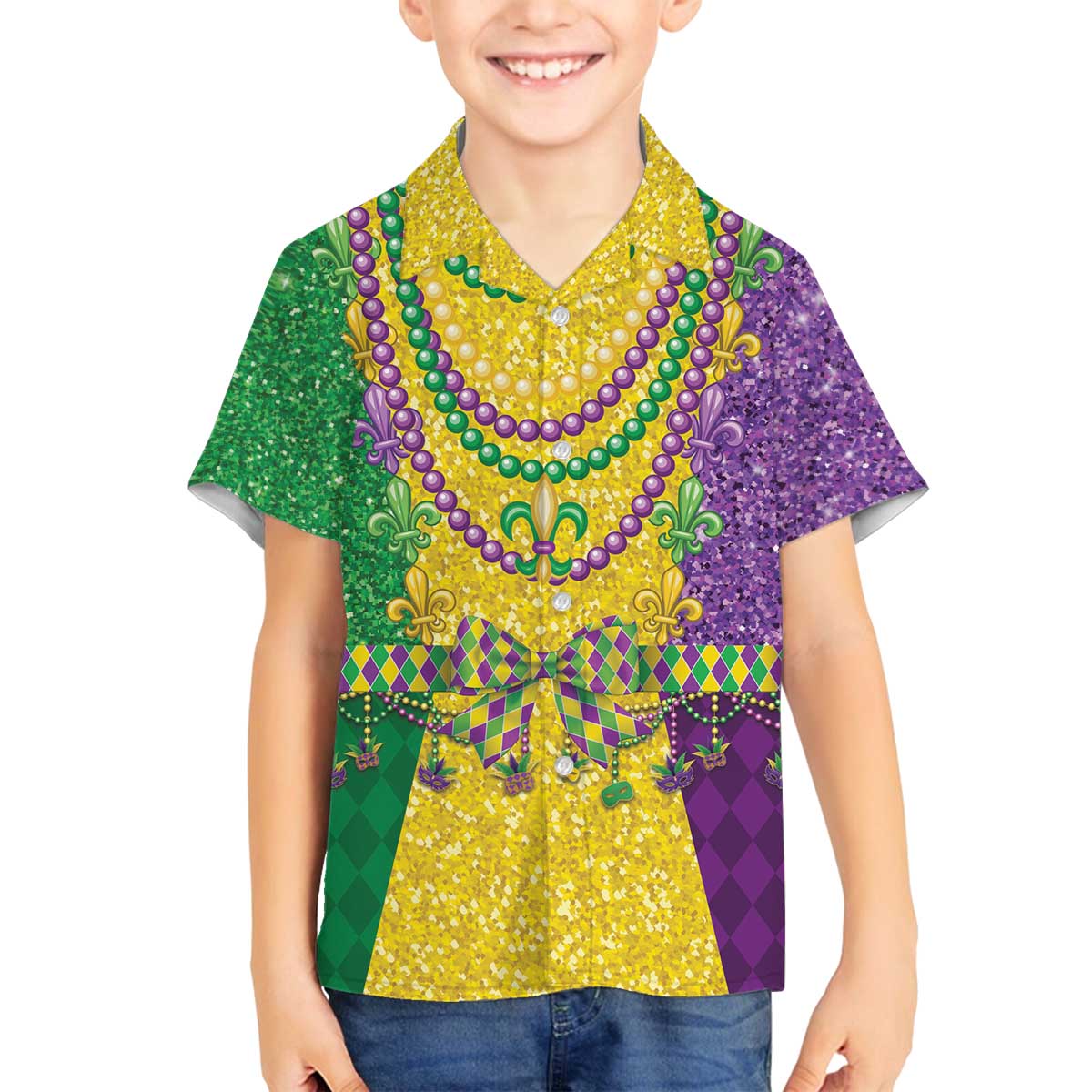 Mardi Gras Family Matching Off The Shoulder Long Sleeve Dress and Hawaiian Shirt Beadeds Necklace With Fleur De Lis - Wonder Print Shop