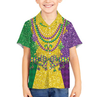 Mardi Gras Family Matching Off The Shoulder Long Sleeve Dress and Hawaiian Shirt Beadeds Necklace With Fleur De Lis - Wonder Print Shop