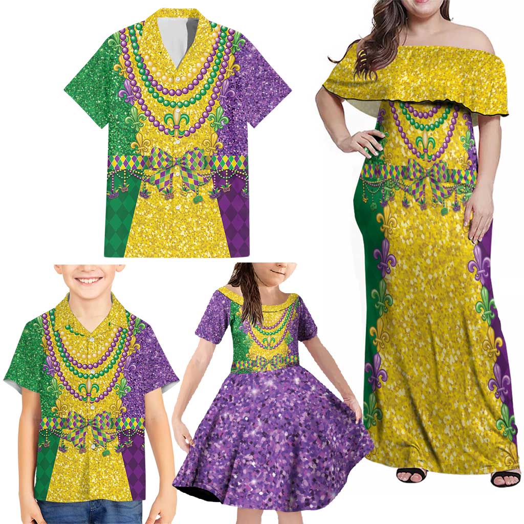 Mardi Gras Family Matching Off Shoulder Maxi Dress and Hawaiian Shirt Beadeds Necklace With Fleur De Lis - Wonder Print Shop