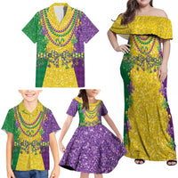 Mardi Gras Family Matching Off Shoulder Maxi Dress and Hawaiian Shirt Beadeds Necklace With Fleur De Lis - Wonder Print Shop