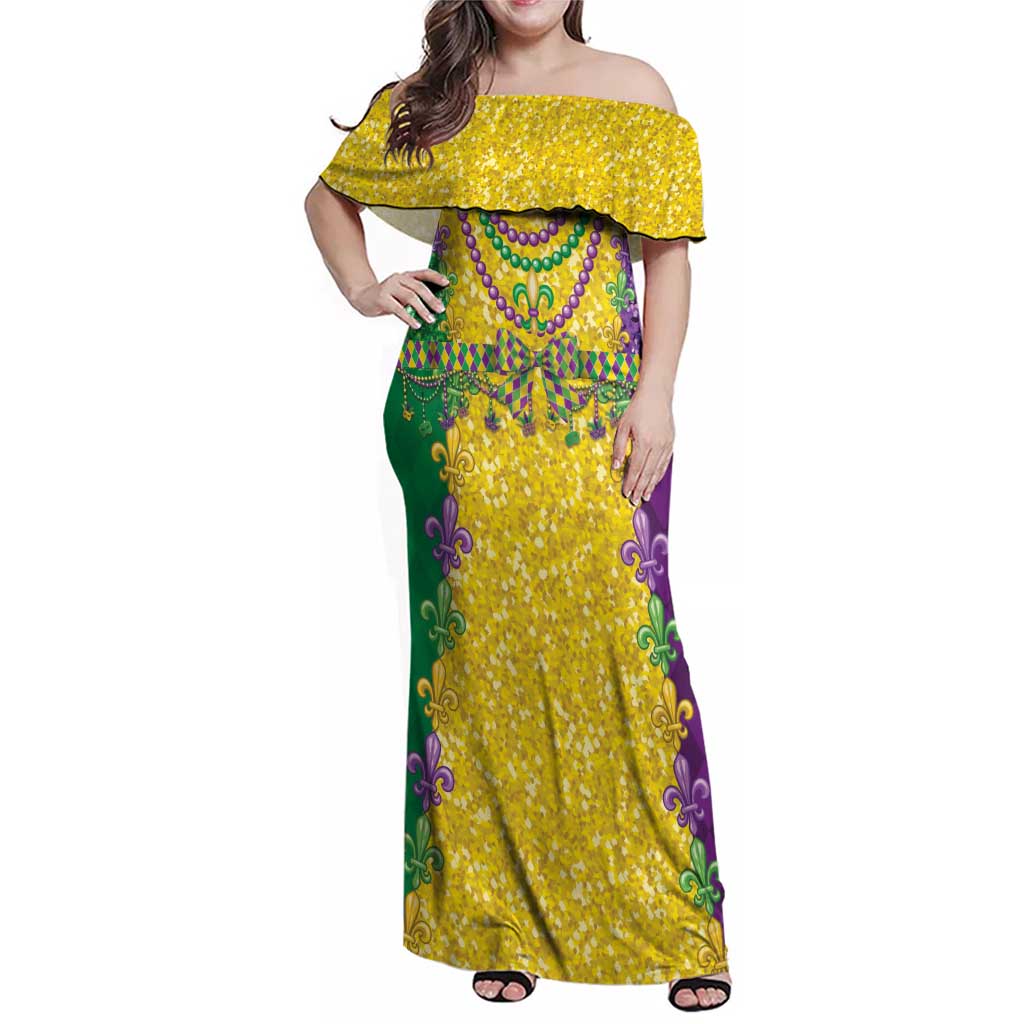 Mardi Gras Family Matching Off Shoulder Maxi Dress and Hawaiian Shirt Beadeds Necklace With Fleur De Lis - Wonder Print Shop