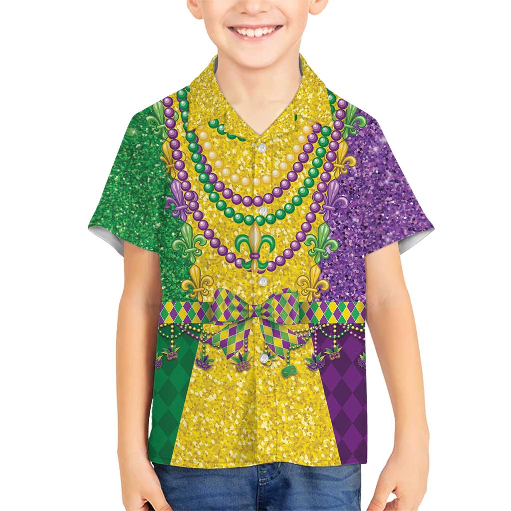 Mardi Gras Family Matching Off Shoulder Maxi Dress and Hawaiian Shirt Beadeds Necklace With Fleur De Lis - Wonder Print Shop