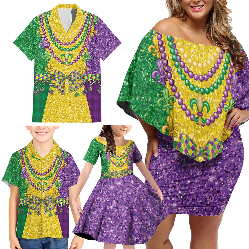 Mardi Gras Family Matching Off Shoulder Short Dress and Hawaiian Shirt Beadeds Necklace With Fleur De Lis - Wonder Print Shop