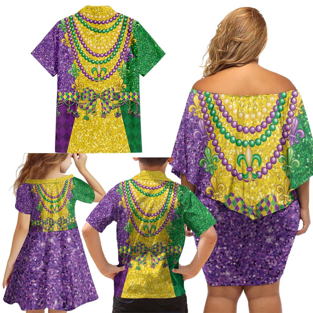 Mardi Gras Family Matching Off Shoulder Short Dress and Hawaiian Shirt Beadeds Necklace With Fleur De Lis - Wonder Print Shop