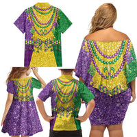 Mardi Gras Family Matching Off Shoulder Short Dress and Hawaiian Shirt Beadeds Necklace With Fleur De Lis - Wonder Print Shop