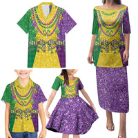 Mardi Gras Family Matching Puletasi and Hawaiian Shirt Beadeds Necklace With Fleur De Lis - Wonder Print Shop