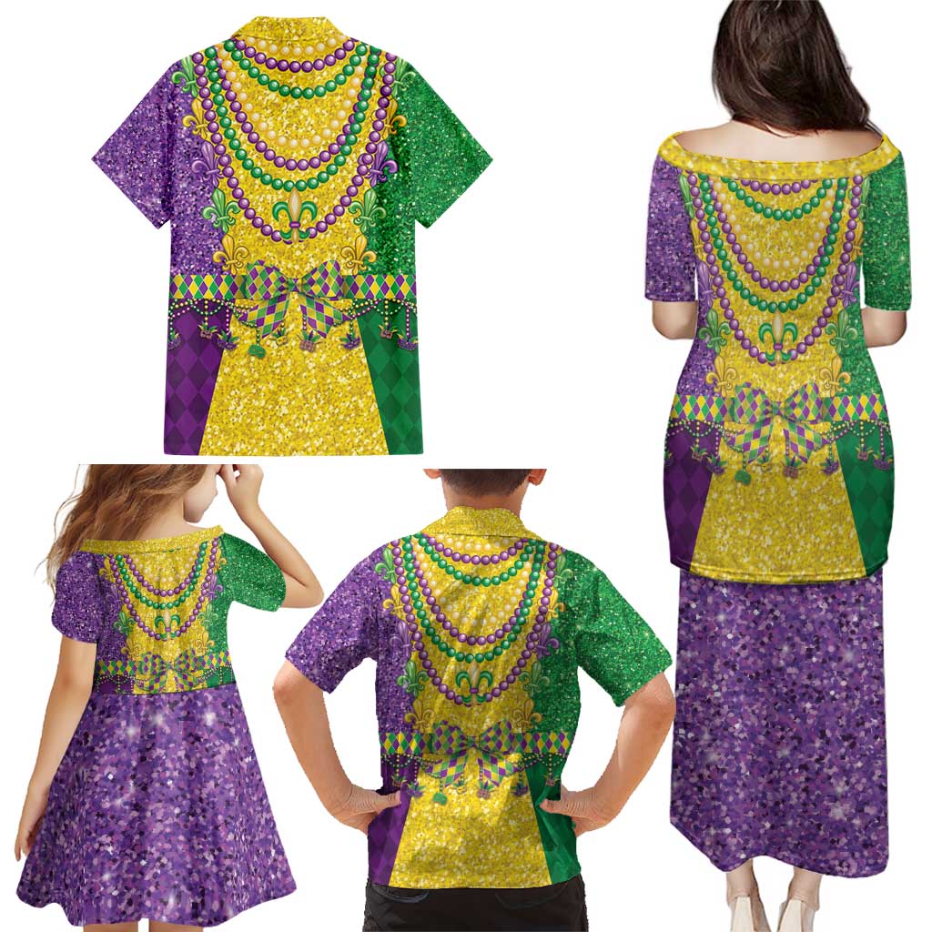 Mardi Gras Family Matching Puletasi and Hawaiian Shirt Beadeds Necklace With Fleur De Lis - Wonder Print Shop