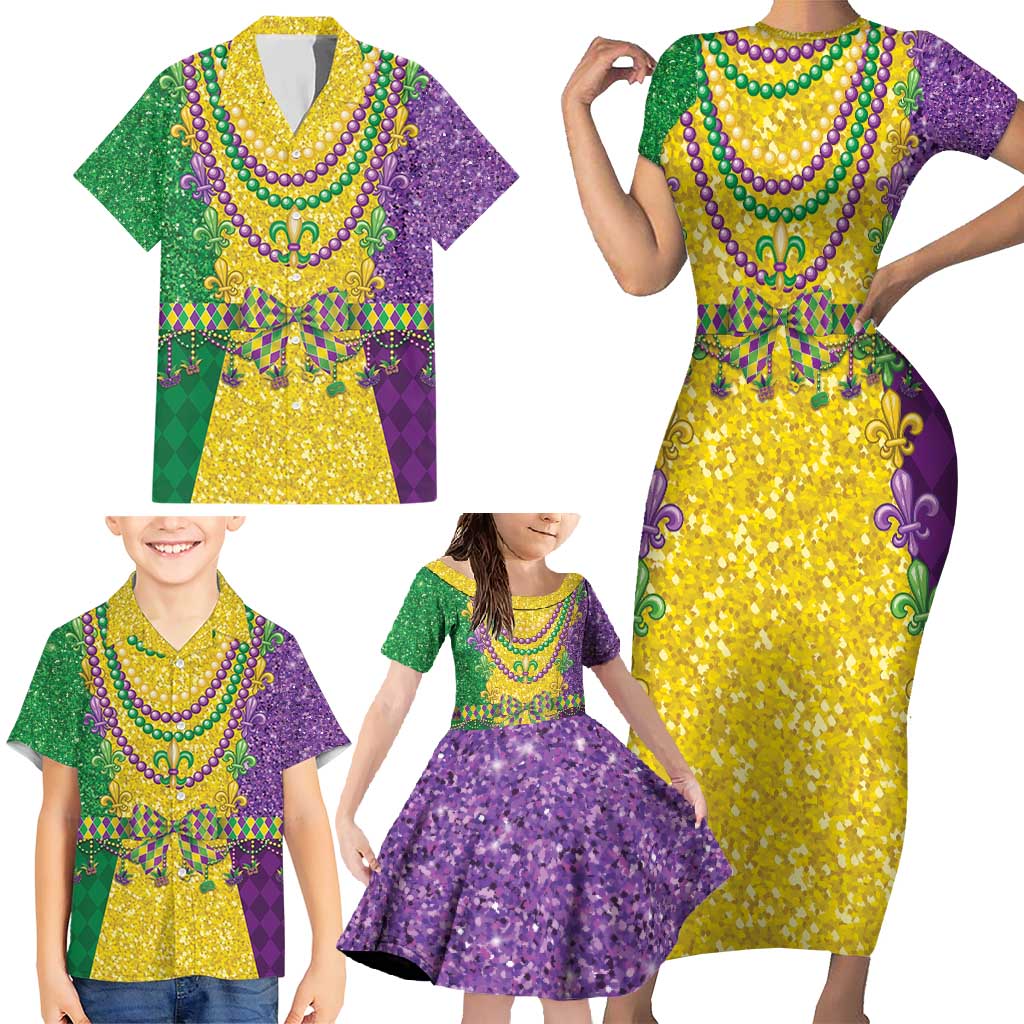 Mardi Gras Family Matching Short Sleeve Bodycon Dress and Hawaiian Shirt Beadeds Necklace With Fleur De Lis - Wonder Print Shop