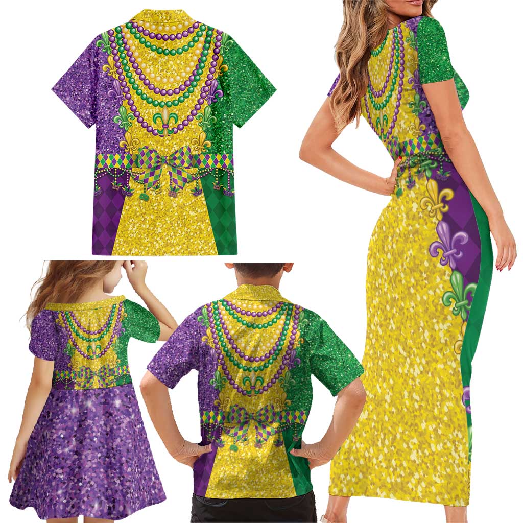 Mardi Gras Family Matching Short Sleeve Bodycon Dress and Hawaiian Shirt Beadeds Necklace With Fleur De Lis - Wonder Print Shop