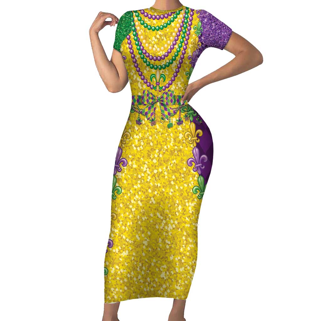 Mardi Gras Family Matching Short Sleeve Bodycon Dress and Hawaiian Shirt Beadeds Necklace With Fleur De Lis - Wonder Print Shop