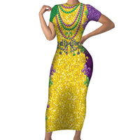 Mardi Gras Family Matching Short Sleeve Bodycon Dress and Hawaiian Shirt Beadeds Necklace With Fleur De Lis - Wonder Print Shop
