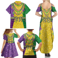 Mardi Gras Family Matching Summer Maxi Dress and Hawaiian Shirt Beadeds Necklace With Fleur De Lis - Wonder Print Shop
