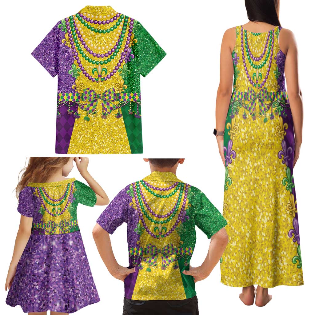 Mardi Gras Family Matching Tank Maxi Dress and Hawaiian Shirt Beadeds Necklace With Fleur De Lis - Wonder Print Shop