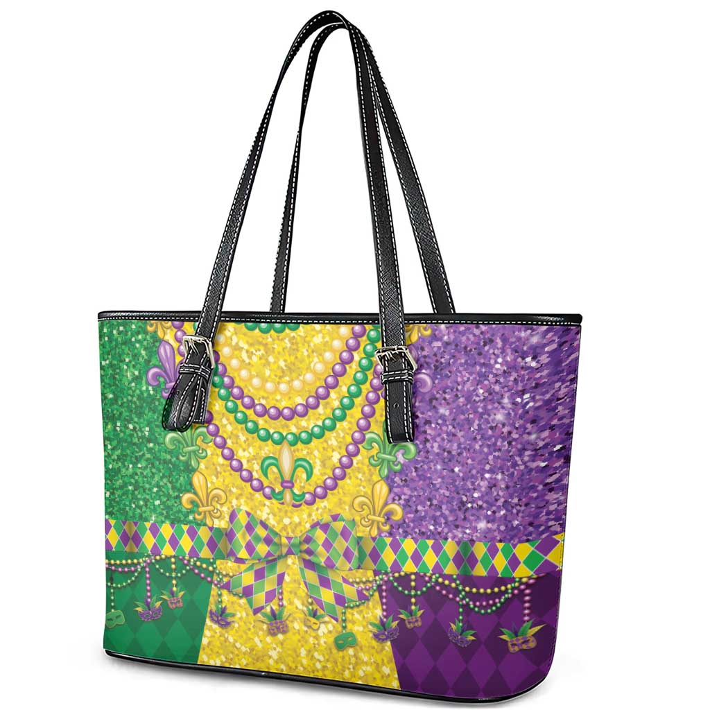 Mardi Gras Leather Tote Bag Beadeds Necklace With Fleur De Lis - Wonder Print Shop