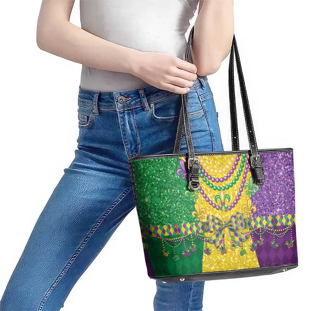 Mardi Gras Leather Tote Bag Beadeds Necklace With Fleur De Lis - Wonder Print Shop