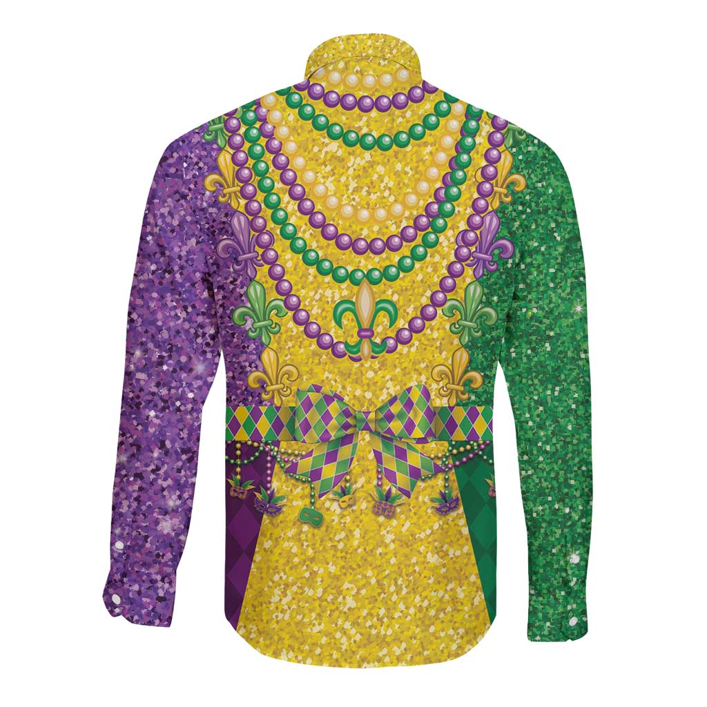 Mardi Gras Long Sleeve Button Shirt Beadeds Necklace With Fleur De Lis - Wonder Print Shop
