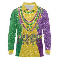 Mardi Gras Long Sleeve Polo Shirt Beadeds Necklace With Fleur De Lis - Wonder Print Shop