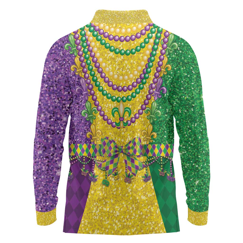 Mardi Gras Long Sleeve Polo Shirt Beadeds Necklace With Fleur De Lis - Wonder Print Shop