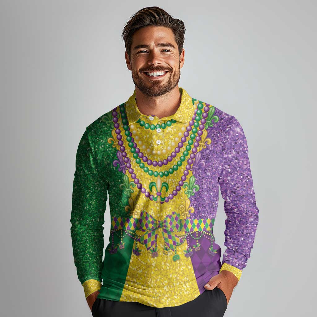 Mardi Gras Long Sleeve Polo Shirt Beadeds Necklace With Fleur De Lis - Wonder Print Shop