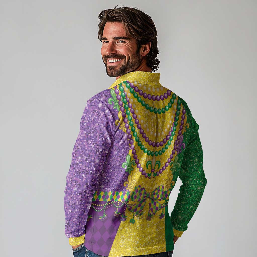 Mardi Gras Long Sleeve Polo Shirt Beadeds Necklace With Fleur De Lis - Wonder Print Shop
