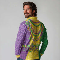 Mardi Gras Long Sleeve Polo Shirt Beadeds Necklace With Fleur De Lis - Wonder Print Shop