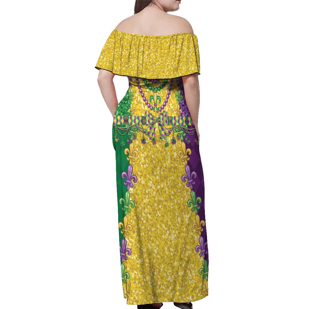 Mardi Gras Off Shoulder Maxi Dress Beadeds Necklace With Fleur De Lis - Wonder Print Shop