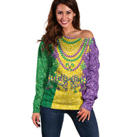 Mardi Gras Off Shoulder Sweater Beadeds Necklace With Fleur De Lis - Wonder Print Shop