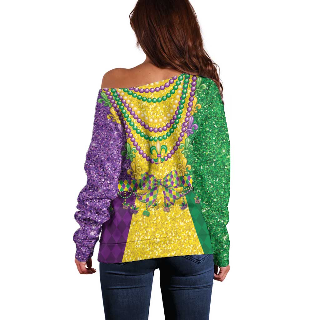 Mardi Gras Off Shoulder Sweater Beadeds Necklace With Fleur De Lis - Wonder Print Shop