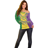 Mardi Gras Off Shoulder Sweater Beadeds Necklace With Fleur De Lis - Wonder Print Shop