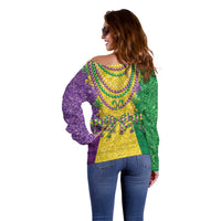 Mardi Gras Off Shoulder Sweater Beadeds Necklace With Fleur De Lis - Wonder Print Shop