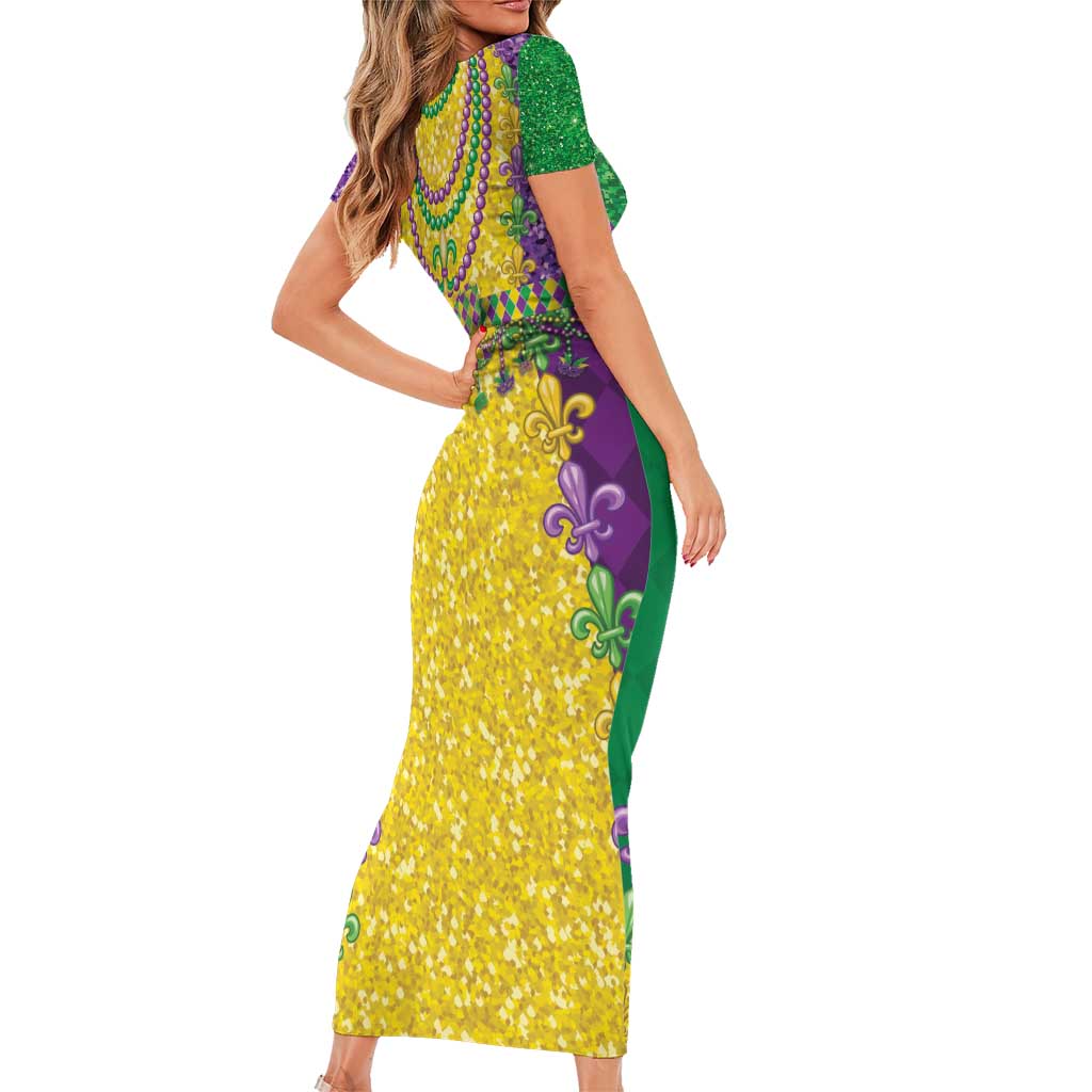 Mardi Gras Short Sleeve Bodycon Dress Beadeds Necklace With Fleur De Lis - Wonder Print Shop
