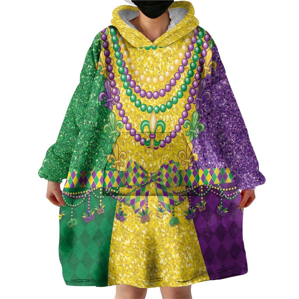 Mardi Gras Wearable Blanket Hoodie Beadeds Necklace With Fleur De Lis - Wonder Print Shop